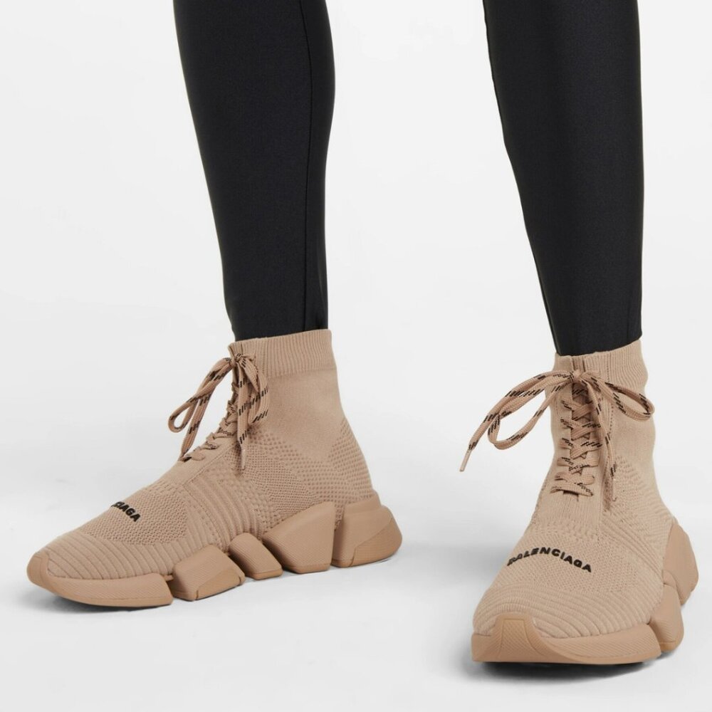 NWT Balenciaga Speed 2.0 Sneakers Beige Knit Fabric Lace Up Chunky Sole Sz 34